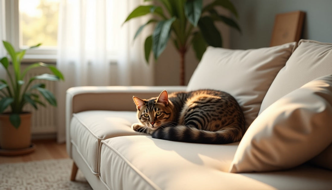 Cat resting on a beige linen sofa