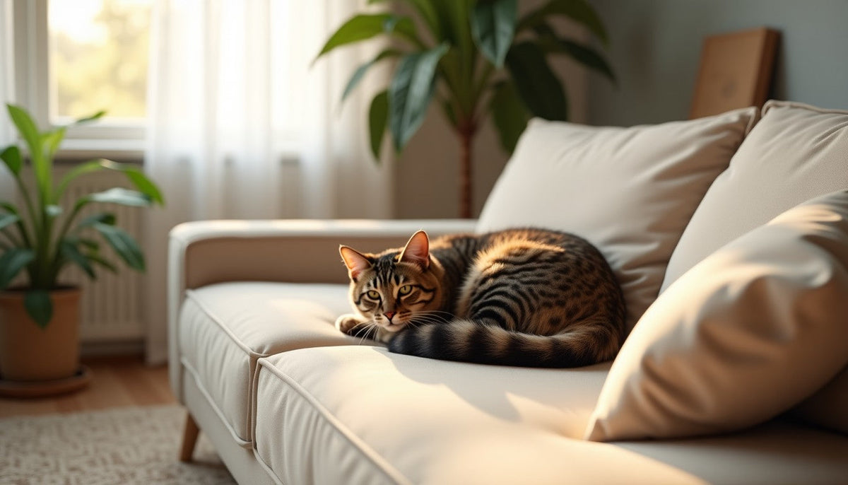 Cat resting on a beige linen sofa