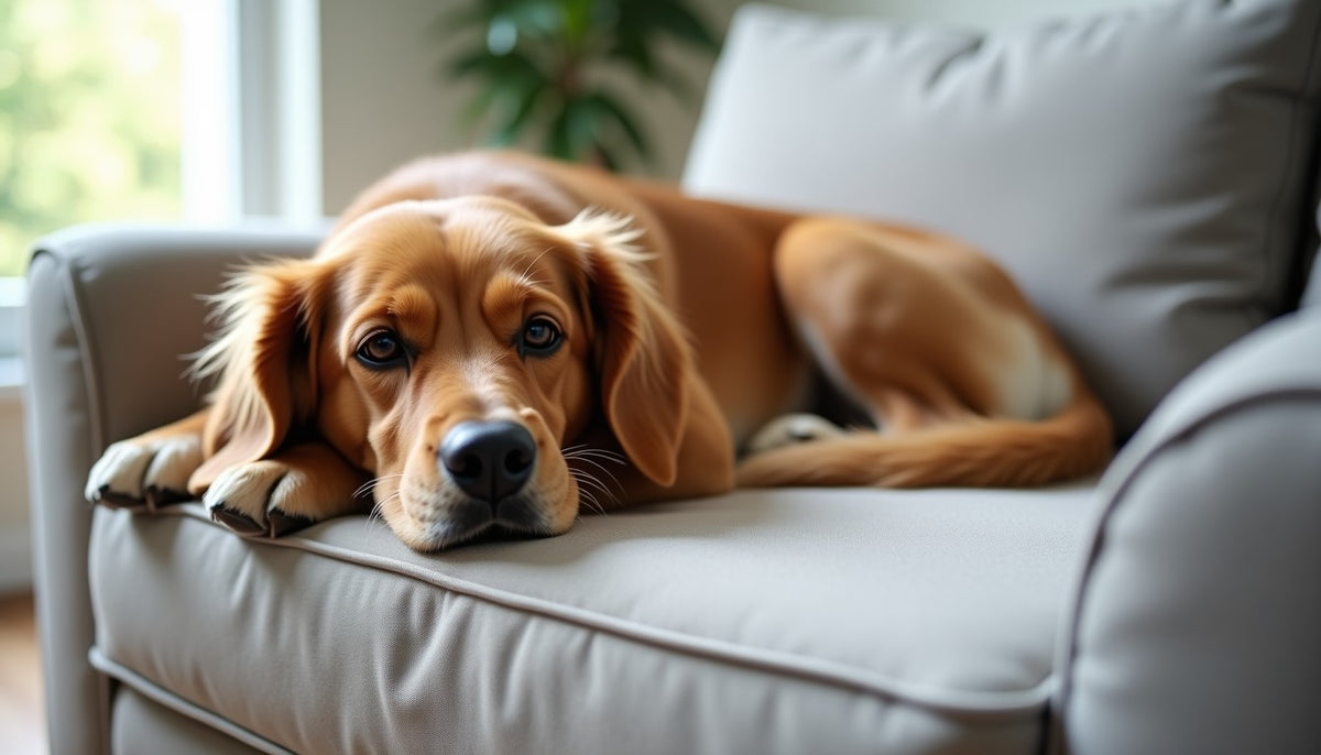 Golden retriever on a light grey fabric sofa