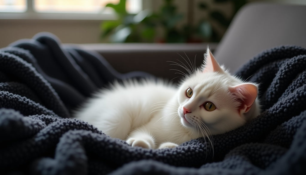 White cat on a dark knit blanket