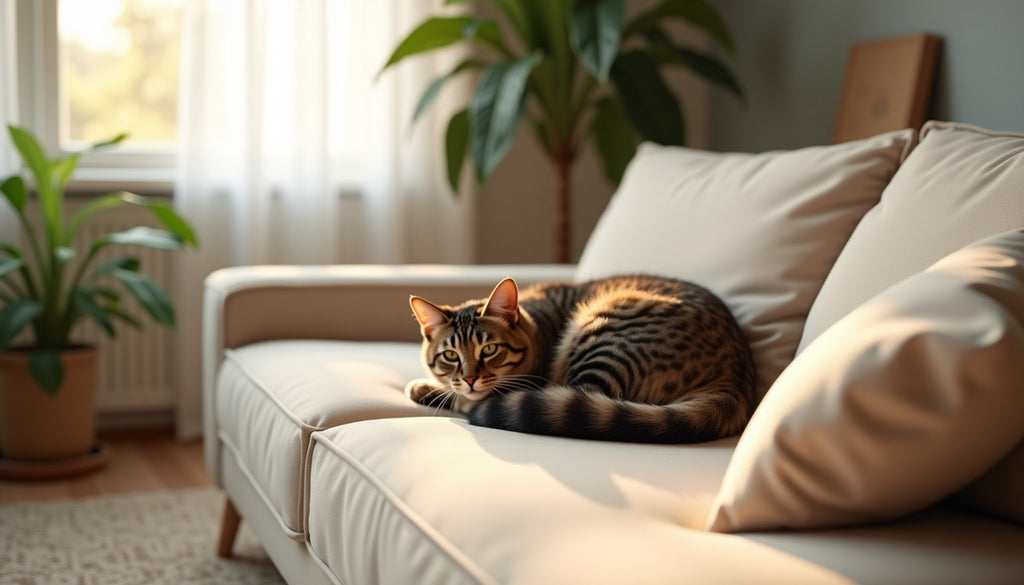 Tabby cat on a beige linen sofa